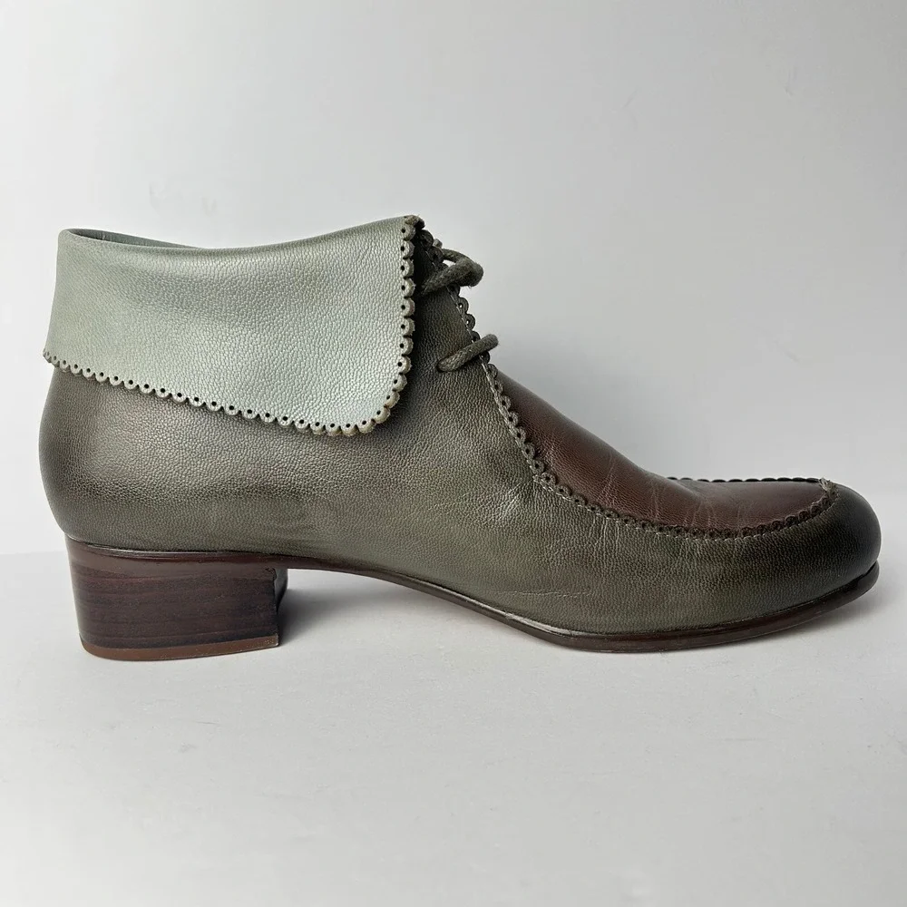 Mona Flying Leather Ankle Boots Block Heel Lace Up Scalloped Trim US 8.5,‎ EU 40